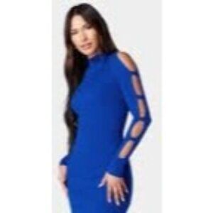 Bebe XS Royal Blue Cold Shoulder Knit Dress With Cutout Sleeves & Ribbed Texture
